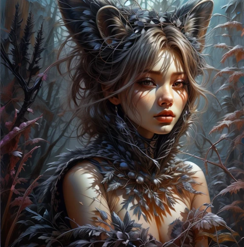 fantasy portrait,fantasy art,faerie,faery,dryad,faun,the enchantress,mystical portrait of a girl,feral,fantasy picture,shamanic,feline,masquerade,lynx,fawn,huntress,wild cat,girl in a wreath,forest animal,fairy tale character