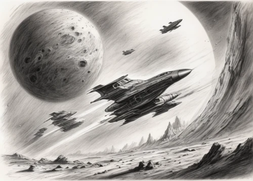 sci fiction illustration,space ships,cg artwork,sci fi,spaceships,game illustration,dreadnought,asteroids,carrack,x-wing,space art,star ship,sci-fi,sci - fi,interstellar bow wave,airships,lost in space,star line art,ufo intercept,futuristic landscape,Illustration,Black and White,Black and White 35
