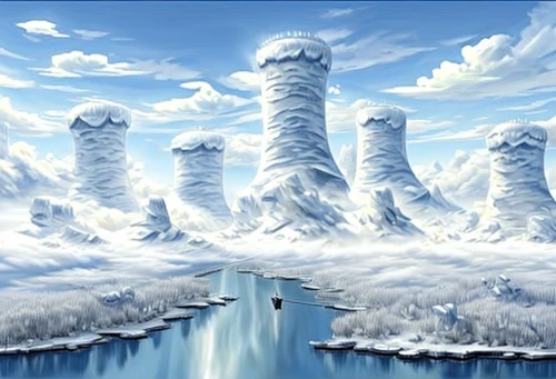 cloud towers,mushroom island,ice castle,ice landscape,cloud mountain,cloud mountains,snow mountains,mushroom landscape,ice planet,winter landscape,snow landscape,north pole,chimneys,chinese clouds,fantasy landscape,snow mountain,snowhotel,winter background,power towers,infinite snow