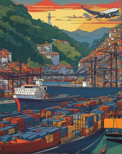 container port,container terminal,container cranes,osaka port,arnold maersk,cargo port,arthur maersk,ship traffic jams,a container ship,inland port,container ship,container vessel,port cranes,shipping industry,busan,seaport,ship yard,panamax,ship traffic jam,container carrier,Illustration,Realistic Fantasy,Realistic Fantasy 12