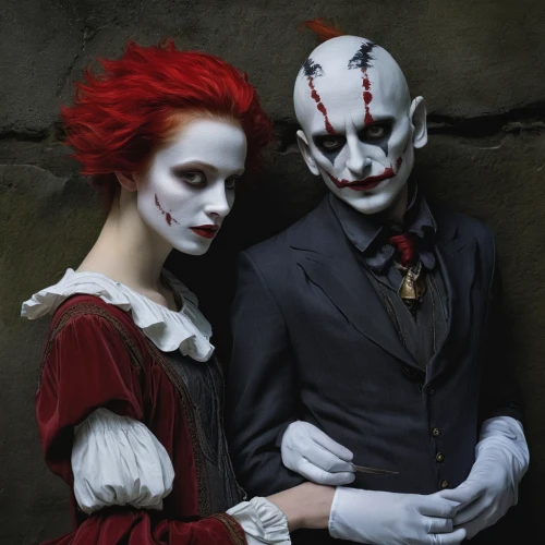 gothic portrait,beautiful couple,couple goal,it,jigsaw,sting,bodypainting,pierrot,vampires,gothic fashion,cosplay image,gothic,body painting,dark gothic mood,clowns,romantic portrait,makeup artist,ventriloquist,vamps,mime,Photography,Documentary Photography,Documentary Photography 21