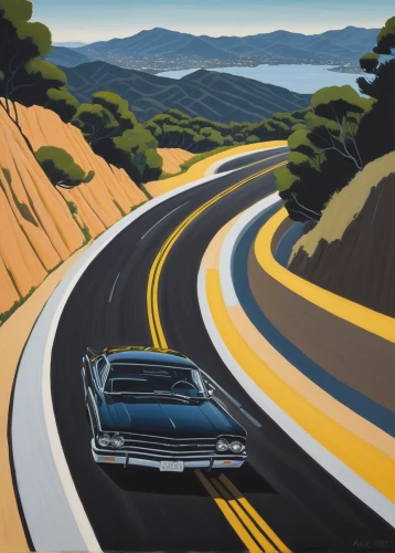 alpine drive,mountain highway,mountain road,open road,winding roads,highway 1,mountain pass,winding road,steep mountain pass,street canyon,david bates,hudson hornet,long road,travel poster,alpine route,pacific coast highway,hills,aronde,road trip target,highway,Conceptual Art,Oil color,Oil Color 13