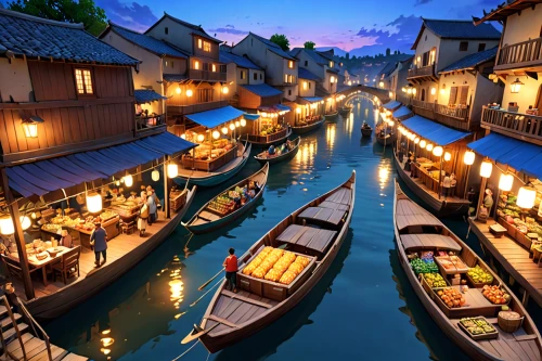 floating market,suzhou,floating huts,stilt houses,floating restaurant,southeast asia,fishing village,colmar,row boats,hoian,wooden boats,hoi an,grand canal,thailand,gondolas,canals,hanoi,fishing boats,asian architecture,rowboats,Anime,Anime,General