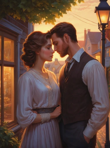 romantic portrait,romantic scene,serenade,young couple,vintage man and woman,victorian,romantic look,digital painting,victorian style,loving couple sunrise,dancing couple,summer evening,vintage boy and girl,wedding couple,idyll,in the evening,cg artwork,before the dawn,beautiful couple,the evening light,Conceptual Art,Fantasy,Fantasy 28