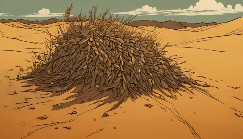 desertification,shifting dune,anthill,pile of straw,shifting dunes,mound-building termites,desert plant,mound of dirt,arid,needle in a haystack,dune landscape,dune grass,admer dune,arid landscape,sand dune,arid land,moving dunes,haystack,desert background,dry grass,Illustration,Black and White,Black and White 02