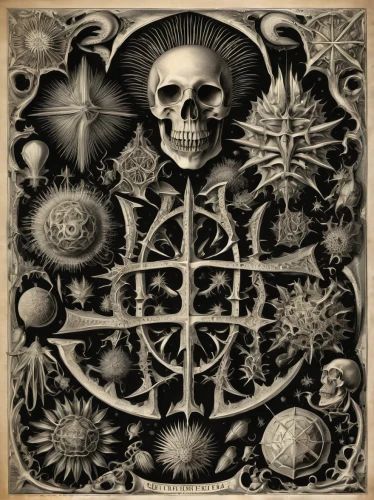 skull bones,occult,zodiac,alchemy,esoteric,pentacle,sacred geometry,vanitas,memento mori,skull and crossbones,skull and cross bones,shamanism,divination,metatron's cube,esoteric symbol,skeleton key,autopsy,astrology,dance of death,yantra,Illustration,Retro,Retro 24