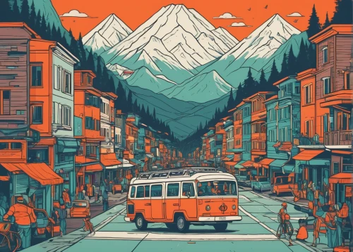 vanagon,travel poster,travel trailer poster,annapurna,himalaya,vwbus,digital nomads,himalayas,himalayan,mountain village,van,alaska,caravan,ktm,zermatt,mountain huts,travel van,vancouver,mountains,nepal,Illustration,Vector,Vector 06