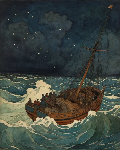 vincent van gough,el mar,wherry,caravel,whaler,david bates,sailer,mariner,maelstrom,barquentine,galleon,lifeboat,two-handled sauceboat,seafaring,arthur rackham,at sea,longship,mayflower,sea fantasy,sloop-of-war,Illustration,Retro,Retro 17