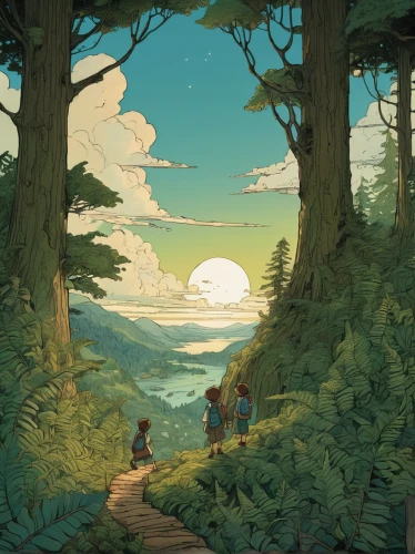 forest path,forest walk,hikers,hiking path,studio ghibli,the forest,the forests,druid grove,spruce forest,forest of dreams,forest,forest workers,travelers,wander,forests,game illustration,forest road,forest glade,old-growth forest,pines,Illustration,Realistic Fantasy,Realistic Fantasy 12