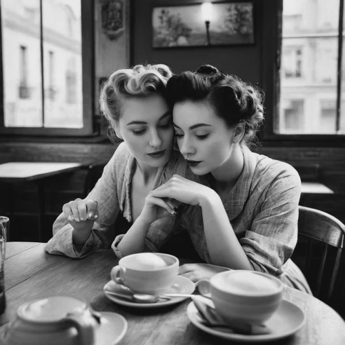 vintage girls,vintage 1950s,women at cafe,vintage boy and girl,vintage women,50's style,fifties,vintage man and woman,retro women,1940 women,vintage woman,drinking coffee,coffee break,beautiful photo girls,parisian coffee,breakfast at tiffany's,1950s,two girls,girl kiss,tenderness,Photography,Black and white photography,Black and White Photography 09