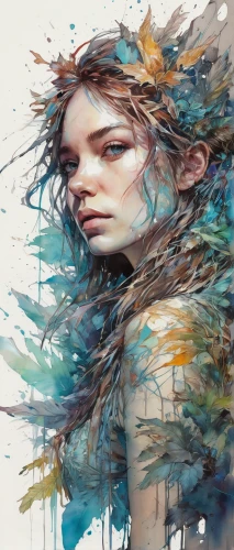 mystical portrait of a girl,splintered,fae,world digital painting,fantasy art,watercolor paint strokes,dryad,boho art,the wind from the sea,faery,little girl in wind,digital art,digital artwork,fantasy portrait,art painting,kahila garland-lily,wind,faerie,siren,amano,Illustration,Paper based,Paper Based 13