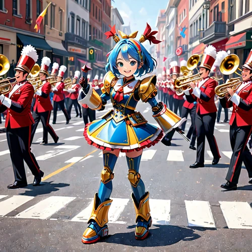 marching band,vocaloid,hatsune miku,military band,music band,brass band,big band,fanfare horn,saxhorn,marching,hamearis lucina,trumpet player,trumpet climber,bandleader,miku,sax,anime 3d,trombonist,flugelhorn,trumpet gold,Anime,Anime,General