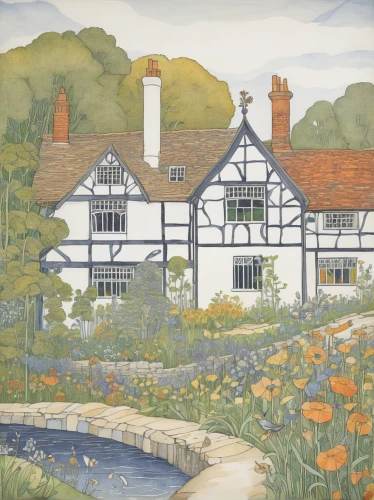 cottage garden,sussex,english garden,country cottage,lily pond,elizabethan manor house,cottage,england,summer cottage,lilly pond,cottages,suffolk,dorset,thatched cottage,essex,water mill,country house,house painting,meadow in pastel,david bates,Illustration,Retro,Retro 23
