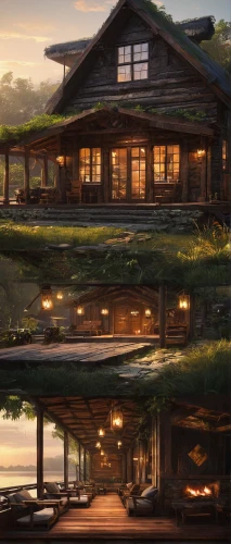 backgrounds,log home,violet evergarden,the cabin in the mountains,wooden houses,lodge,house in the mountains,floating huts,chalet,house in mountains,studio ghibli,log cabin,ryokan,house with lake,four seasons,summer cottage,house by the water,boathouse,dusk background,wooden house,Conceptual Art,Fantasy,Fantasy 06