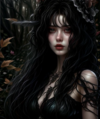 the enchantress,dryad,gothic woman,faery,fantasy portrait,gothic portrait,rusalka,faerie,fantasy art,mystical portrait of a girl,black rose,dark art,dark elf,sorceress,goth woman,fairy queen,dark angel,vampire woman,gothic style,dark gothic mood