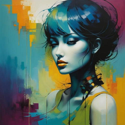 art painting,cmyk,artist color,transistor,painting technique,graffiti art,blue painting,meticulous painting,painter,painted lady,italian painter,young woman,girl portrait,girl in a long,world digital painting,illustrator,woman thinking,mystical portrait of a girl,art paint,thick paint strokes,Illustration,Realistic Fantasy,Realistic Fantasy 29