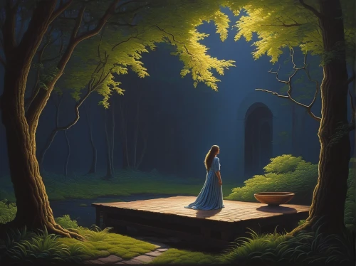 girl with tree,ballerina in the woods,woman at the well,idyll,oil painting on canvas,the mystical path,forest chapel,forest of dreams,forest background,the girl next to the tree,forest landscape,enchanted forest,night scene,oil on canvas,the annunciation,enchanted,mystical portrait of a girl,oil painting,woman praying,forest path,Conceptual Art,Daily,Daily 27