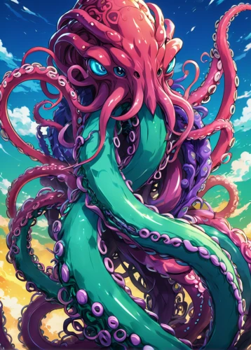 pink octopus,kraken,octopus,fun octopus,tentacles,octopus tentacles,tentacle,medusa gorgon,cephalopod,octopus vector graphic,medusa,cuthulu,sea god,gorgon,cephalopods,squid game card,sea animal,sea monsters,sea-life,god of the sea,Illustration,Japanese style,Japanese Style 03