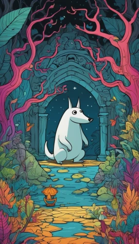the wolf pit,wishing well,dog illustration,unicorn background,magical adventure,cartoon forest,the forest,forest animal,enchanted forest,kennel,digital illustration,haunted forest,enchanted,in the forest,the woods,studio ghibli,exploration,ninebark,wolf's milk,laika,Illustration,Children,Children 06
