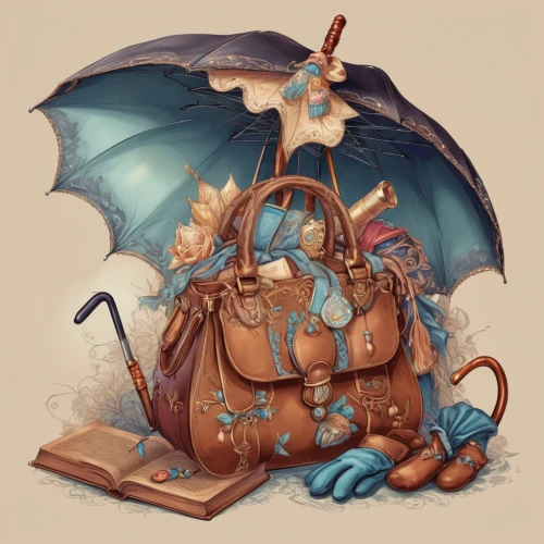 fairytale characters,fairy tale character,watering can,fairy tale icons,summer umbrella,whimsical animals,art bard,purse,bag,windfall,parasol,candy cauldron,handbag,apothecary,peter rabbit,business bag,autumn icon,whimsical,treasure chest,coffee tea illustration,Illustration,Realistic Fantasy,Realistic Fantasy 02