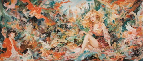 the blonde in the river,kahila garland-lily,amano,apollo and the muses,orange blossom,secret garden of venus,cluster-lilies,post impressionist,flora,angel trumpets,rococo,girl in the garden,blonde woman,parfum,rusalka,flower of the passion,girl in flowers,potpourri,angel's trumpets,lilies,Conceptual Art,Oil color,Oil Color 18