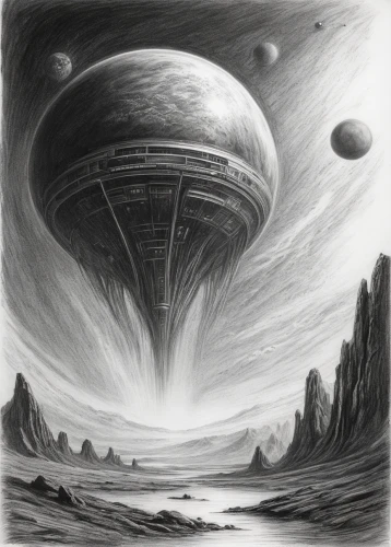 venus surface,alien planet,heliosphere,planet eart,sci fiction illustration,venus comb,airships,gas planet,alien world,planet alien sky,pioneer 10,exoplanet,space art,futuristic landscape,planet mars,exomoon,olympus mons,planetary system,ice planet,red planet,Illustration,Black and White,Black and White 35