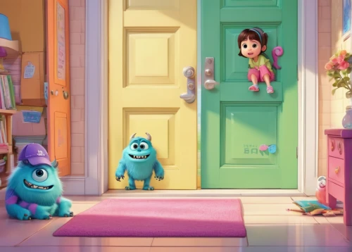 the little girl's room,monster's inc,toy's story,kids room,cute cartoon character,toy story,cute cartoon image,baby room,home door,pink family,neighbors,children's background,violet family,plush toys,lily family,in the door,harmonious family,animated cartoon,boy's room picture,cuddly toys,Illustration,Japanese style,Japanese Style 02