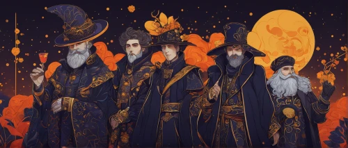 wizards,walpurgis night,witches,celebration of witches,orange robes,wizard,archimandrite,druids,clergy,halloween illustration,dwarves,cauldron,torches,monks,magus,the three magi,wise men,witches' hats,halloween ghosts,smouldering torches,Art,Artistic Painting,Artistic Painting 32