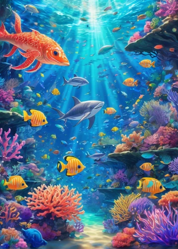 underwater background,aquarium,aquarium decor,coral reef,school of fish,coral reef fish,underwater landscape,underwater world,ocean underwater,aquarium inhabitants,aquarium fish,ocean background,sea life underwater,marine fish,under the sea,underwater fish,aquatic animals,underwater oasis,aquatic life,fish in water,Illustration,Japanese style,Japanese Style 03