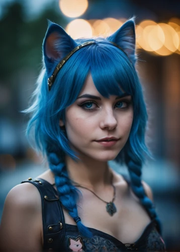cat ears,kat,blue hair,cat with blue eyes,feline look,catwoman,blue enchantress,feline,alley cat,cosplay image,indigo,cat european,cat tail,winterblueher,blue tiger,anime girl,cyan,street cat,cat,lis,Photography,General,Cinematic