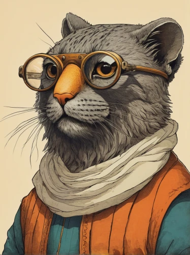 cat-ketch,splinter,cat sparrow,rocket raccoon,anthropomorphized animals,whiskered,felidae,marmot,librarian,marten,whiskers,reading glasses,whisker,illustrator,hipster,mustelidae,mustelid,raccoon,aviator,otter,Illustration,Retro,Retro 22