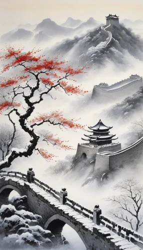 chinese art,japanese art,plum blossoms,cool woodblock images,oriental painting,mountain scene,japan landscape,mountain landscape,landscape background,mountainous landscape,world digital painting,plum blossom,japanese background,the japanese tree,winter landscape,chinese background,high landscape,japanese mountains,mount scenery,luo han guo