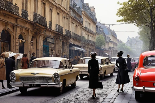 vintage cars,citroën elysée,citroën ds,vintage 1950s,french tourists,paris shops,the boulevard arjaan,fifties,50's style,vintage car,vintage fashion,old havana,aronde,morris minor,vintage man and woman,street scene,universal exhibition of paris,morris minor 1000,paris clip art,french digital background,Art,Classical Oil Painting,Classical Oil Painting 32