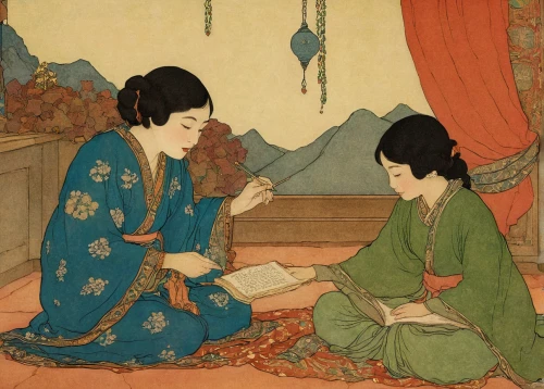 oriental painting,tea ceremony,young couple,two girls,courtship,the listening,cool woodblock images,children studying,shirakami-sanchi,orientalism,woodblock prints,conversation,luo han guo,fortune telling,kate greenaway,khokhloma painting,kimono fabric,japanese art,young women,vintage asian,Illustration,Retro,Retro 17