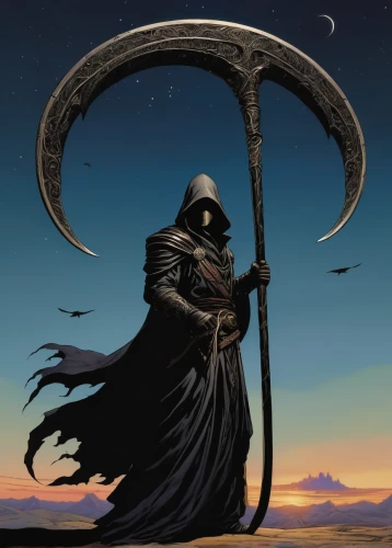scythe,grim reaper,quarterstaff,grimm reaper,reaper,death god,longbow,horn of amaltheia,ring of brodgar,pall-bearer,dance of death,death's-head,oryx,ringed-worm,aesulapian staff,zodiac sign libra,the wanderer,hooded man,lone warrior,wind warrior,Illustration,American Style,American Style 02