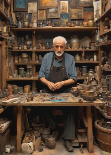 sculptor ed elliott,metalsmith,shoemaker,tinsmith,craftsman,luthier,watchmaker,artisan,italian painter,merchant,antiquariat,woodworker,handicrafts,clockmaker,shoemaking,geppetto,shopkeeper,art tools,a carpenter,damascus,Illustration,Realistic Fantasy,Realistic Fantasy 06