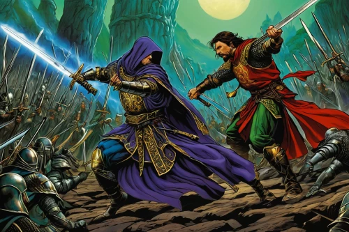 heroic fantasy,sword fighting,massively multiplayer online role-playing game,swordsmen,game illustration,warrior and orc,confrontation,quarterstaff,role playing game,prejmer,storm troops,tabletop game,cg artwork,alliance,skirmish,assassins,guards of the canyon,duel,fantasy art,battle,Illustration,American Style,American Style 01