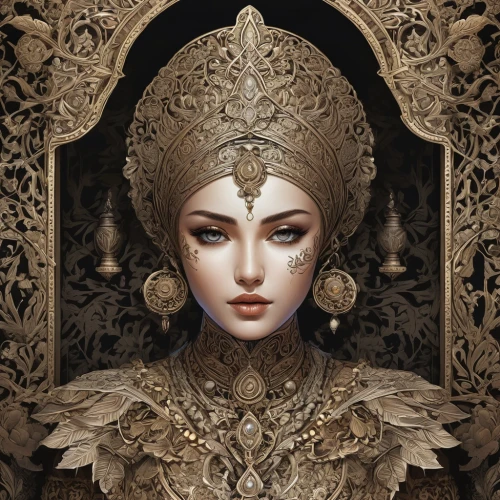 priestess,oriental princess,headpiece,masquerade,ornate,venetian mask,fantasy portrait,headdress,imperial crown,the enchantress,golden crown,cleopatra,golden wreath,orientalism,baroque angel,crowned,baroque,fantasy art,amano,diadem,Illustration,Black and White,Black and White 03