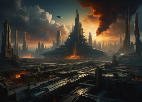 ancient city,futuristic landscape,destroyed city,post-apocalyptic landscape,fantasy landscape,fantasy city,industrial landscape,black city,metropolis,sci fiction illustration,hall of the fallen,refinery,metallurgy,imperial shores,dreadnought,sci fi,dystopian,dark world,arcanum,cityscape,Art,Classical Oil Painting,Classical Oil Painting 06