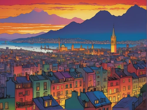 french digital background,lyon,geneva,colorful city,cityscape,marseille,bordeaux,travel poster,metz,evening city,bern,paris,zurich,honfleur,city skyline,france,grand bleu de gascogne,city panorama,montreux,europe,Illustration,Retro,Retro 22