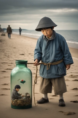 photo manipulation,message in a bottle,conceptual photography,oriental painting,photoshop manipulation,sand timer,beachcombing,miniature figures,world digital painting,fisherman,digital compositing,photomanipulation,chinese art,dependency,still transience of life,image manipulation,korean culture,exploration of the sea,fishermen,junshan yinzhen,Photography,Documentary Photography,Documentary Photography 13