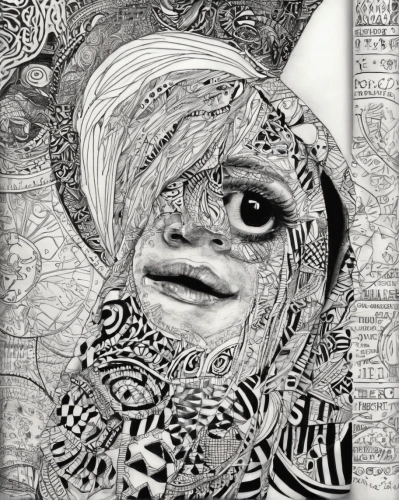 zentangle,pencil and paper,pen drawing,turban,human head,psychedelic art,pencil drawings,percolator,ballpoint pen,pencil art,biro,surrealism,woman's face,handdrawn,ilustration,matryoshka,face portrait,the hat of the woman,reptilian,hand-drawn illustration,Illustration,Black and White,Black and White 11
