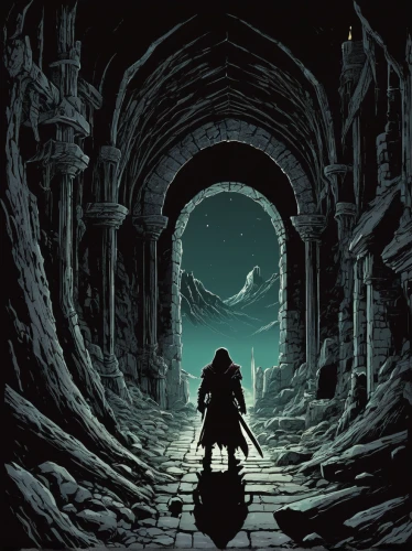 hall of the fallen,dungeons,pilgrimage,hollow way,the wanderer,jrr tolkien,dark world,the ruins of the,the path,game illustration,place of pilgrimage,wanderer,link,adventure game,games of light,the mystical path,hobbit,dungeon,skyrim,wander,Illustration,Japanese style,Japanese Style 10