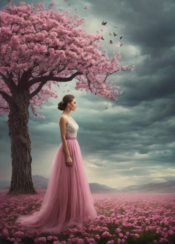 fantasy picture,photo manipulation,girl with tree,photomanipulation,conceptual photography,blossom tree,pink magnolia,blossoming apple tree,girl in a long dress,lilac tree,sky rose,springtime background,girl in flowers,cherry blossom tree,spring background,landscape rose,photoshop manipulation,little girl in pink dress,magnolia blossom,image manipulation,Photography,Documentary Photography,Documentary Photography 32