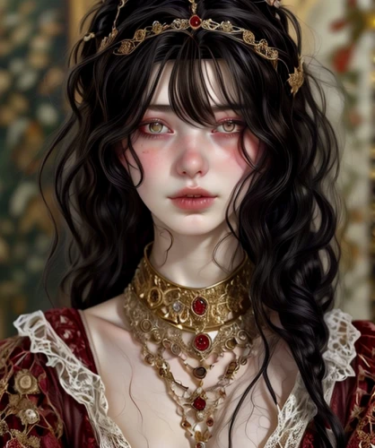 fantasy portrait,masquerade,victorian lady,fantasy art,artist doll,embellished,filigree,gothic portrait,oriental princess,female doll,painter doll,mystical portrait of a girl,porcelain doll,vampire lady,comely,gold jewelry,drusy,doll's facial features,girl portrait,fairy tale character