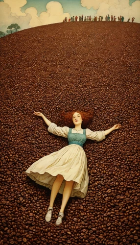 cloves schwindl inge,coffee tea illustration,coffee background,coffee beans,ground coffee,flying seeds,red sand,woman drinking coffee,spilt coffee,arabica,roasted coffee beans,girl lying on the grass,flying seed,grant wood,dried cloves,cocoa beans,coffee plantation,red earth,girl on the dune,tea field,Illustration,Retro,Retro 17