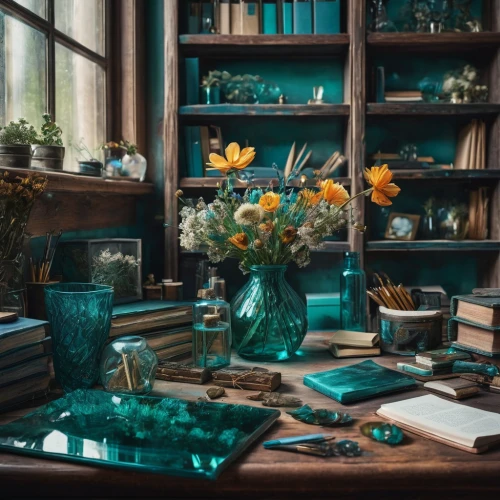 bookshelves,teal,tea and books,color turquoise,turquoise,still life of spring,bookshop,reading room,book antique,flower arranging,still life photography,blue and green,book wall,the living room of a photographer,bookshelf,teal and orange,turquoise leather,tabletop photography,coffee and books,vintage flowers,Photography,Artistic Photography,Artistic Photography 03