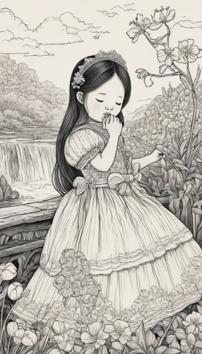 book illustration,little girl in wind,girl picking flowers,coffee tea illustration,hand-drawn illustration,girl in the garden,fairy tale character,children's fairy tale,wonderland,quinceañera,camera illustration,illustrations,girl in flowers,hoopskirt,pencil drawings,kate greenaway,chinese art,girl in a long dress,girl picking apples,snow white,Illustration,Black and White,Black and White 29