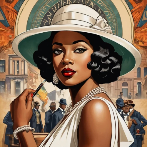 african american woman,panama hat,roaring twenties,the hat of the woman,woman power,vintage illustration,vintage art,black women,retro women,afro-american,roaring 20's,happy day of the woman,twenties of the twentieth century,black woman,beautiful african american women,afroamerican,a woman,art deco woman,great gatsby,retro woman,Illustration,Realistic Fantasy,Realistic Fantasy 21