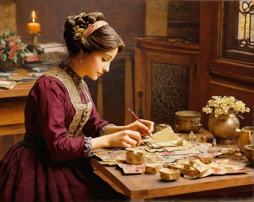 meticulous painting,emile vernon,dressmaker,seamstress,candlemaker,girl with bread-and-butter,woodworker,sewing,confectioner,metalsmith,girl in a historic way,girl studying,girl picking apples,girl in the kitchen,hatmaking,watchmaker,italian painter,woodworking,embroider,art painting,Art,Classical Oil Painting,Classical Oil Painting 32